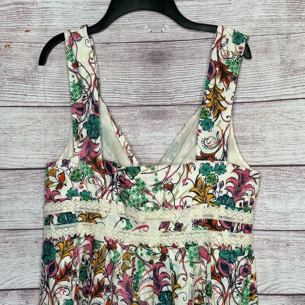Sundance 100% Linen Girly Lace Floral Bright Fun Preppy Cottage Dress Size 12